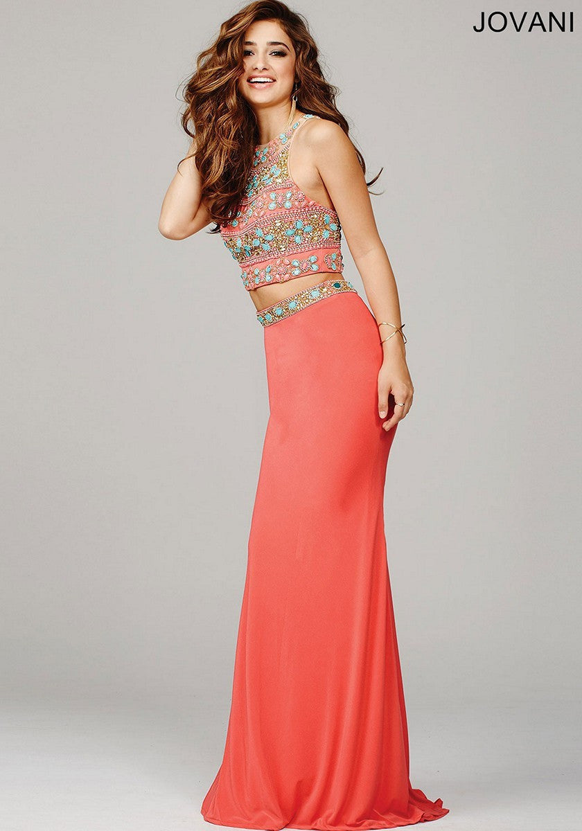 Jovani 39350 two piece coral prom dress size 4 pageant gown High Neck