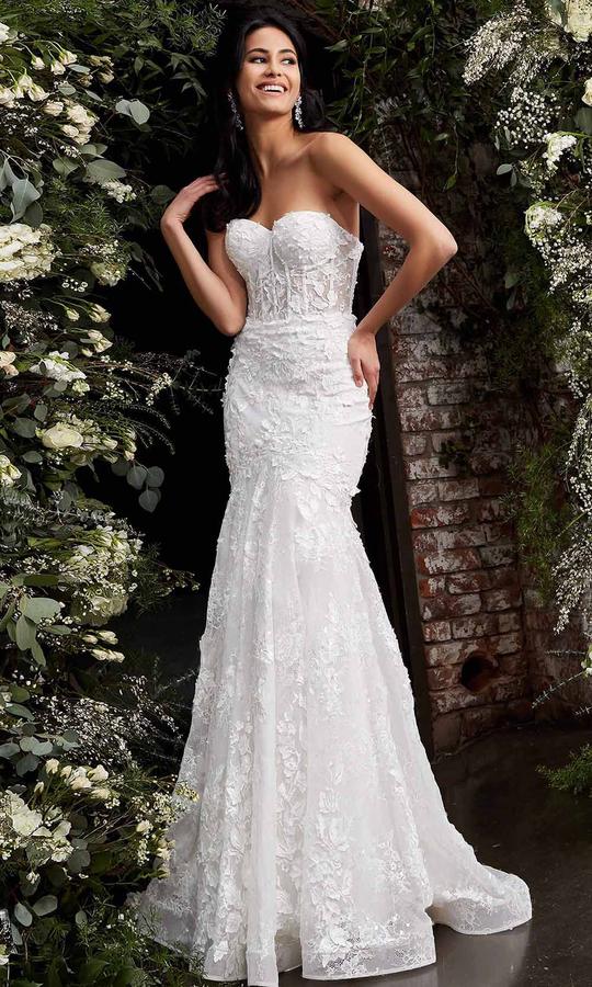 Jovani Bridal JB02836 Strapless Lace 3d Floral Mermaid Wedding Dress sheer Corset  Available Sizes: 00-24  Available Colors: Off White