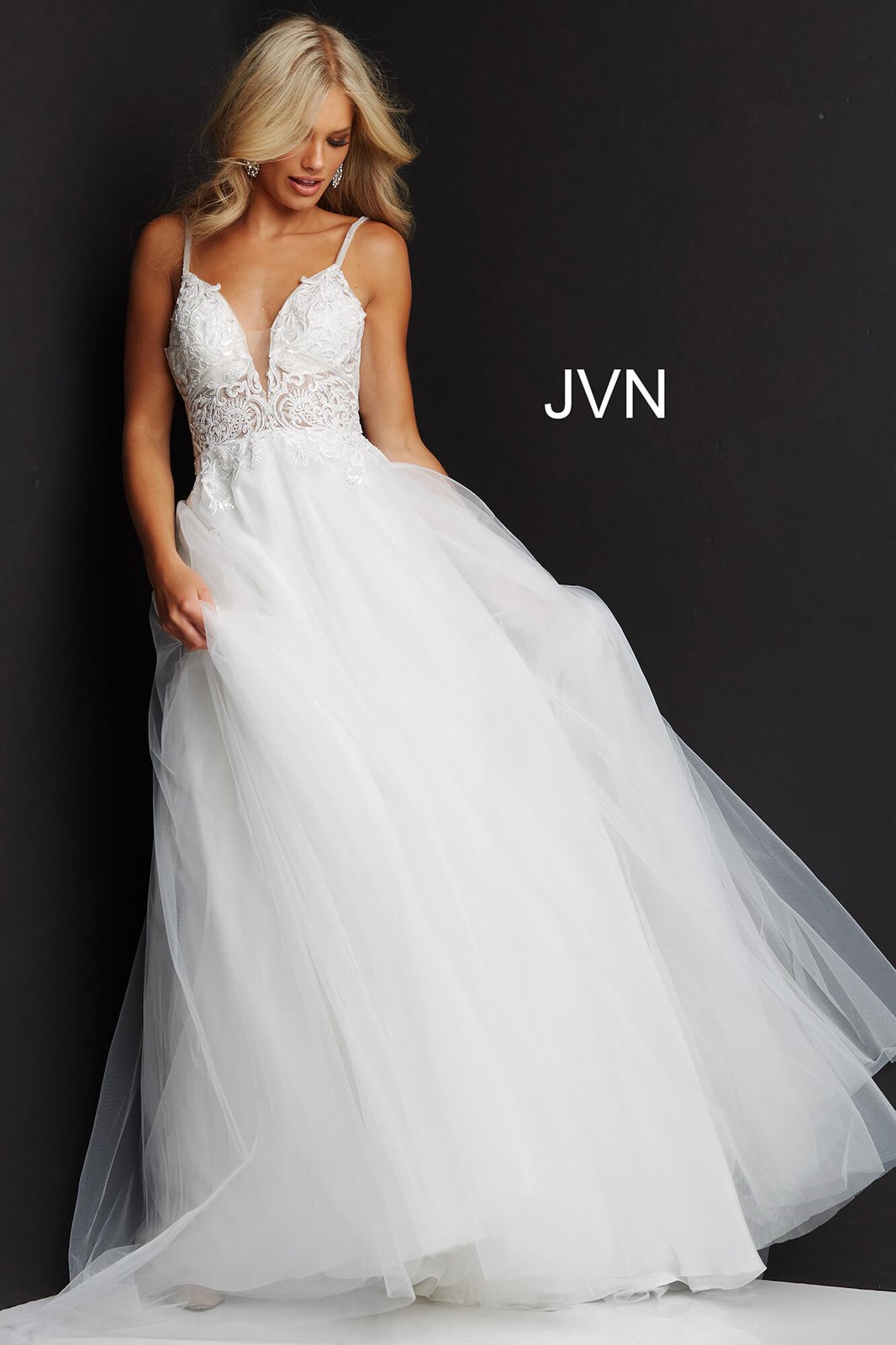 Jovani JVN07595 Sheer Lace A Line V Neck Formal Prom Dress Wedding Gown Destination Bridal Gown  Available Sizes: 8  Available Colors: Off White