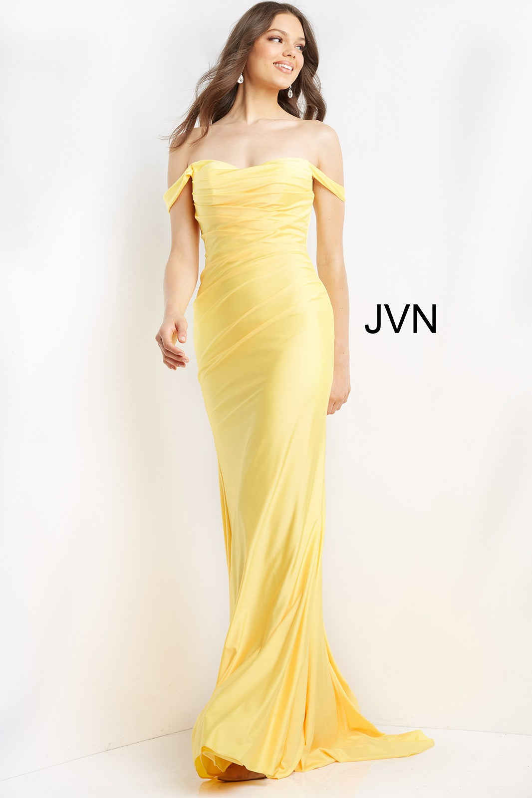 JVN07639 Long Fitted off the shoulder Prom Dress Evening Gown Ruched