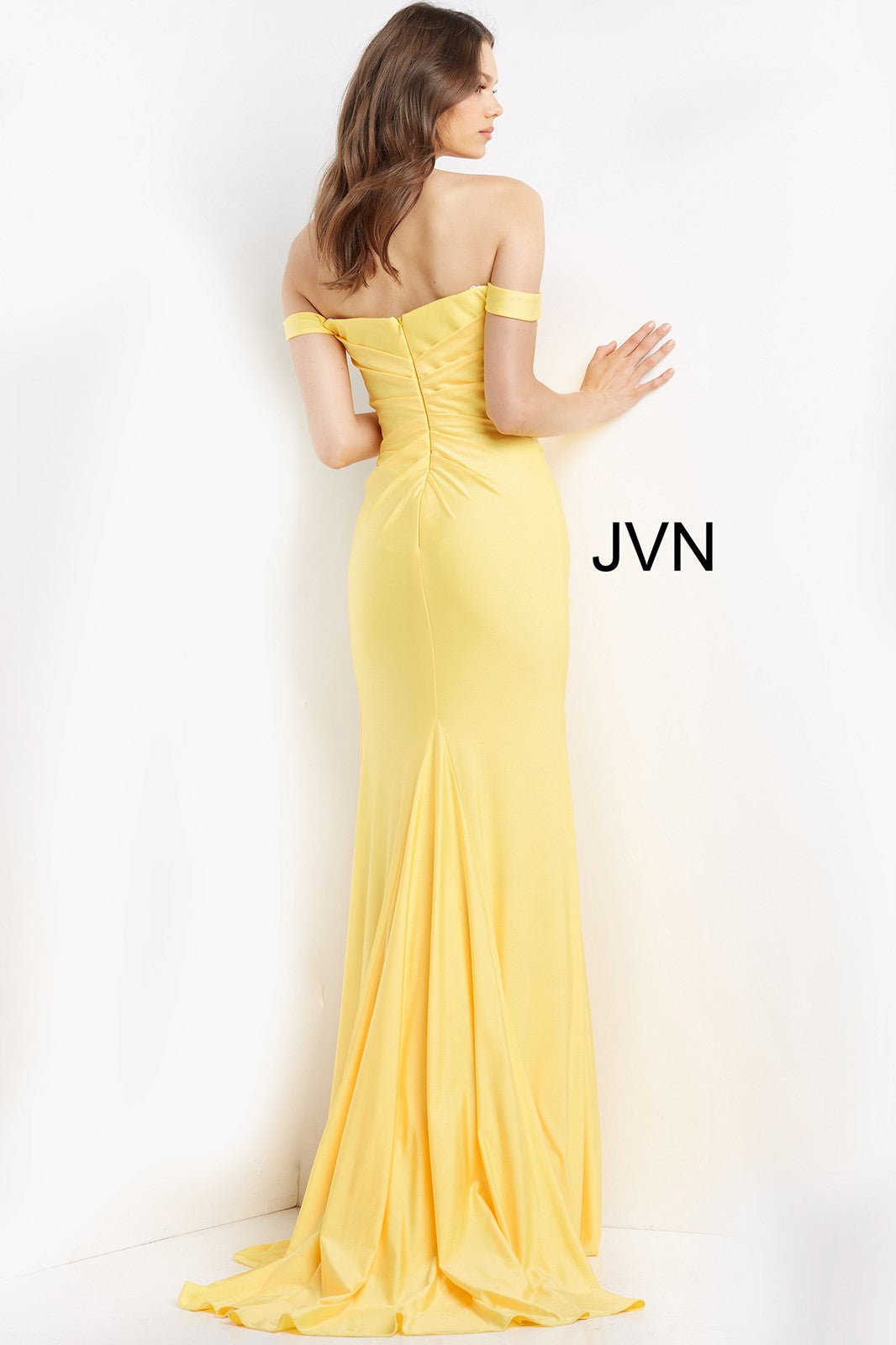 JVN07639 Long Fitted off the shoulder Prom Dress Evening Gown Ruched