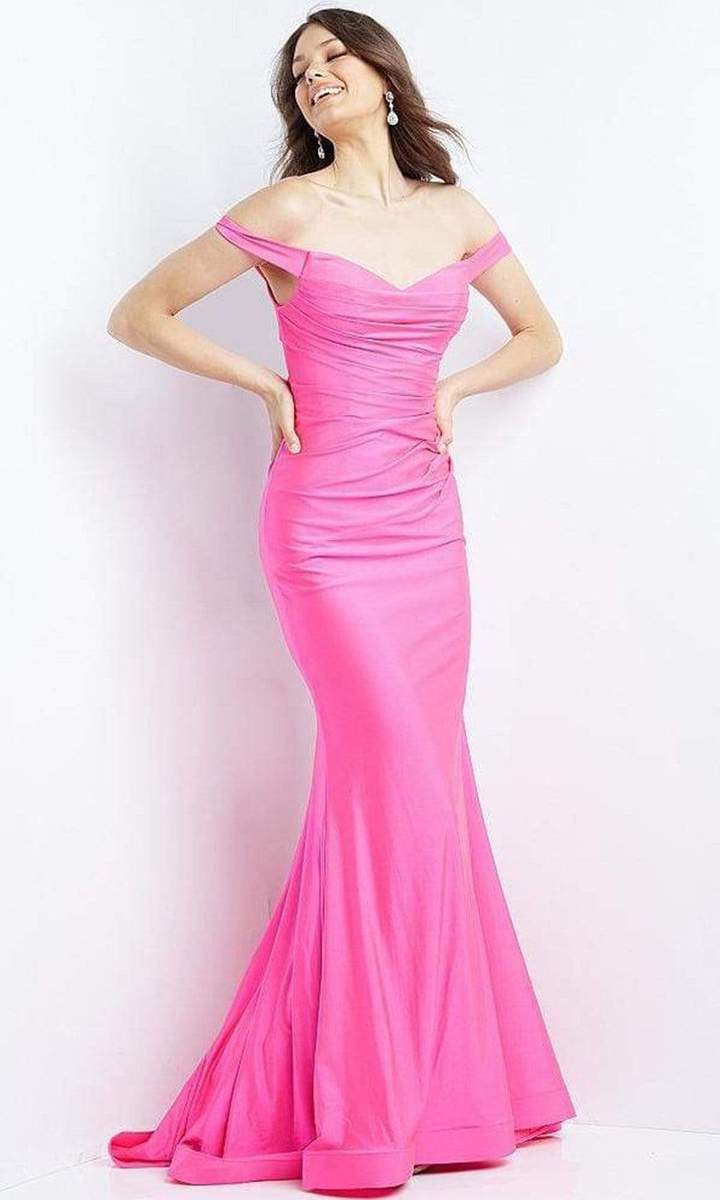 JVN07639 Long Fitted off the shoulder Prom Dress Evening Gown Ruched Formal Gown