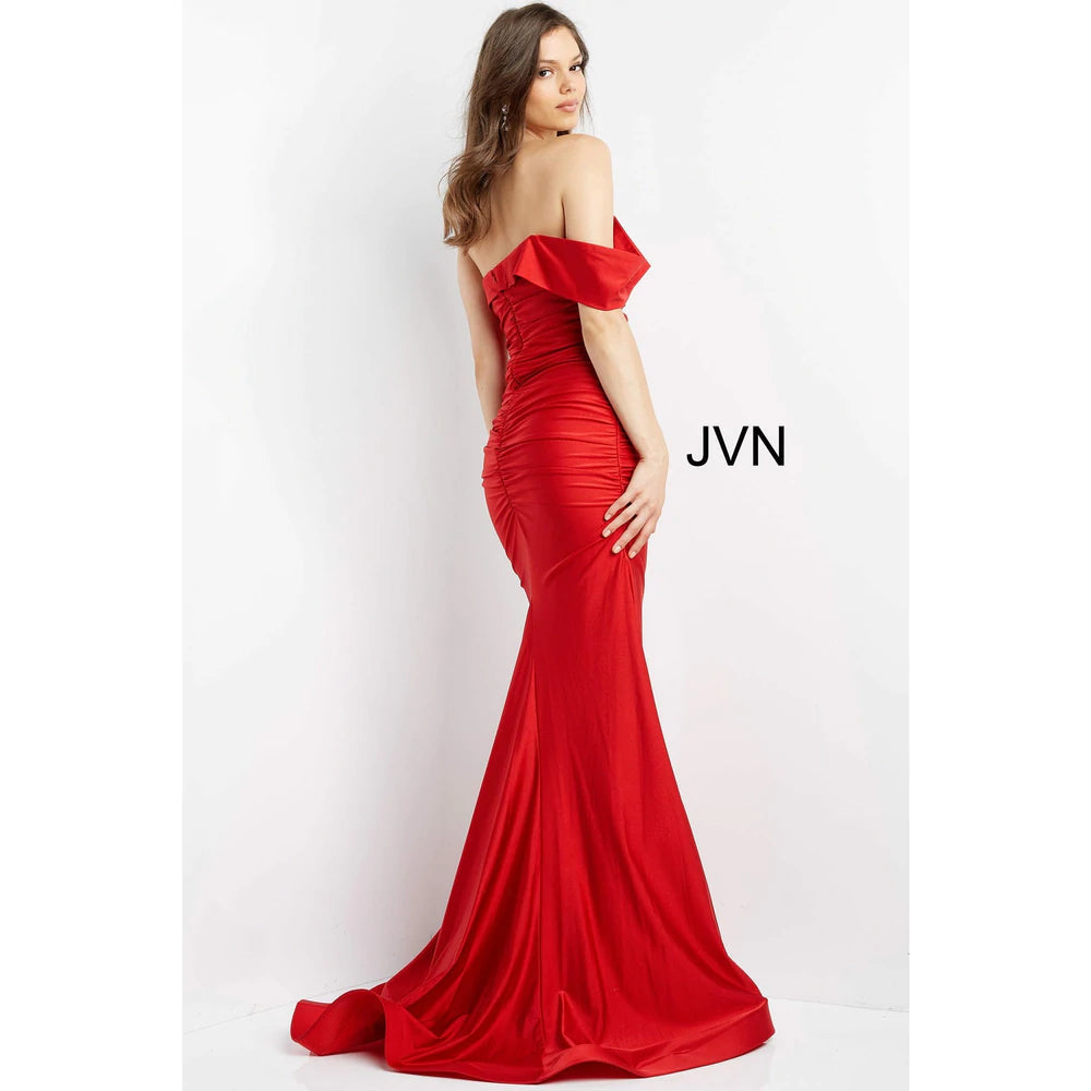 Jovani JVN07640 One Shoulder Fitted Stretch Prom Dress with Ruching and Train