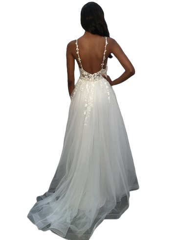 JVN by Jovani 02260 Off White Floral lace prom dress, fitted floor length skirt with tulle over skirt, crystal embellished thin belt at waist, fitted sleeveless bodice with V neck, Spaghetti straps over shoulders, open back.