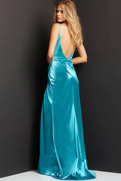 Jovani JVN03104 Long Fitted Ruched Satin Prom Dress Evening Gown Cowl Neck Gown