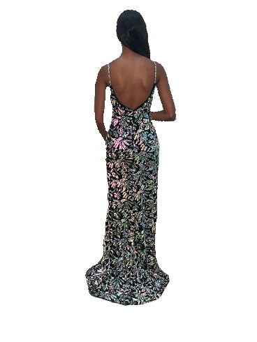 Jovani JVN04072 Size 10 Long Fitted Black Sequin Velvet Prom Dress Slit Sheer Panel V Neck