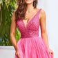 Jovani JVN05818 Long A Line Glitter Tulle Sheer V Neck Prom Dress Backless Embellished
