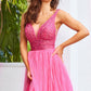 Jovani JVN05818 - JVN 05818 is a Gorgeous Long Glittering Tulle A Line ballgown prom dress. Featuring a sheer Fitted V Neckline bodice with crystal rhinestone embellishments. Open V Back. Look like a princess in this stunning formal evening gown.  Fuchsia size 8  Available Sizes: 00,0,2,4,6,8,10,12,14,16,18,20,22,24  Available Colors: Blush, Fuchsia, Light Blue