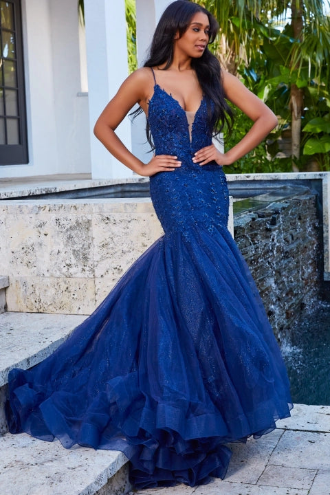 Sexy & Simple Royal Blue Satin High Slit Prom Dress - Promfy