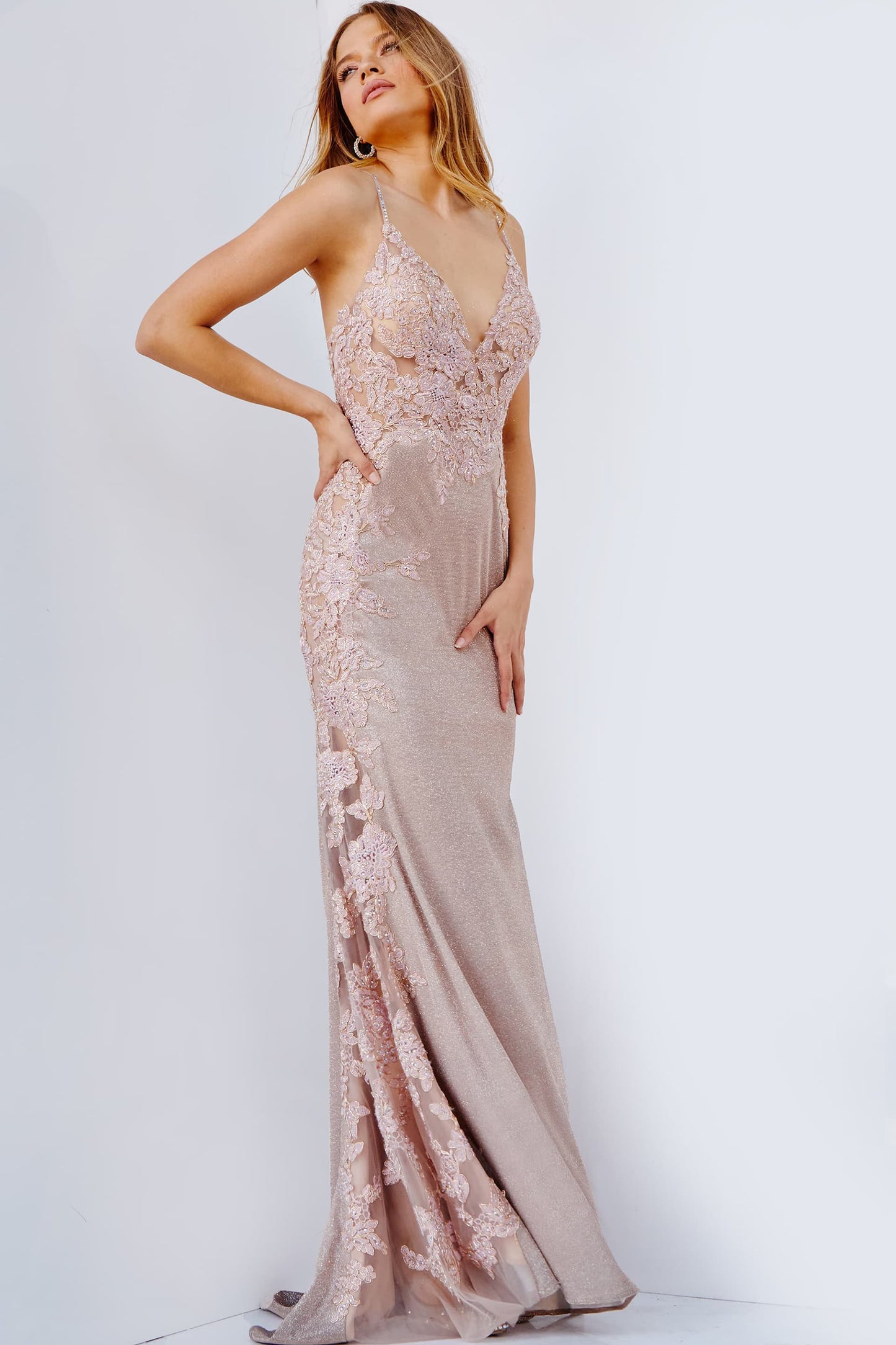 Jovani JVN2205 Embellished Iridescent Lace Illusion Prom Dress Sheer Shimmer Gown