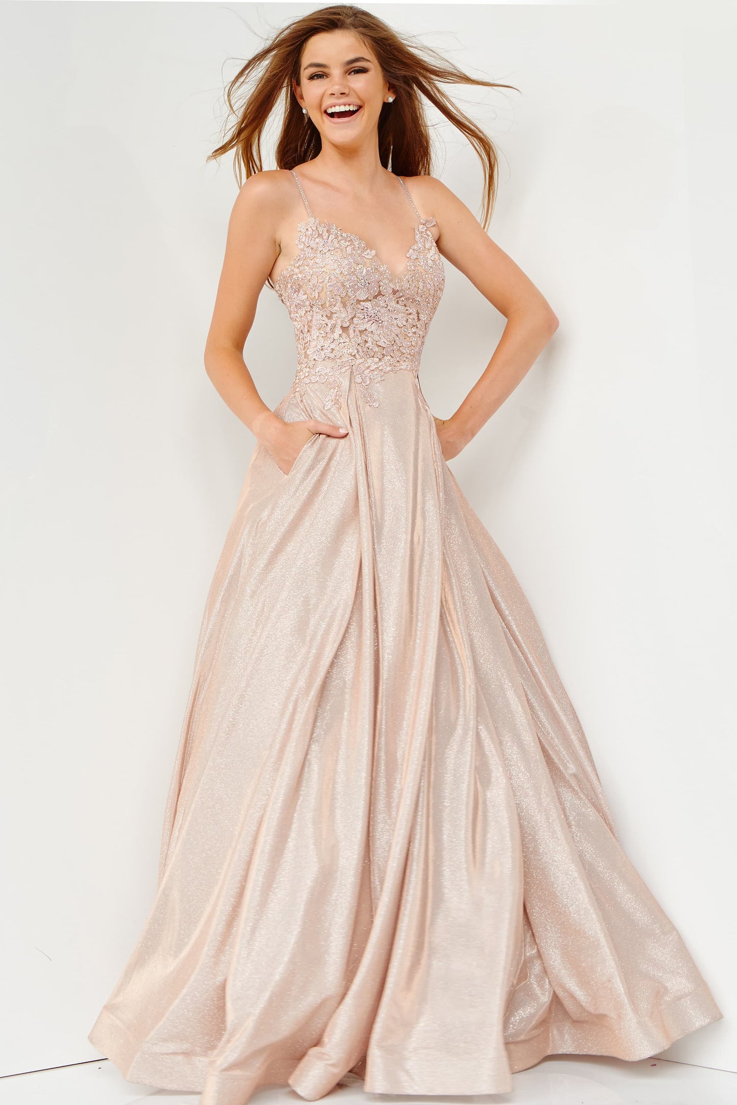 Jovani JVN2206 Shimmer Sheer Lace Ballgown Prom Dress Pockets Formal