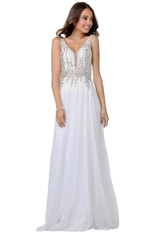 JVN by Jovani style JVN22241 is a long flowy chiffon prom dress with sleeveless top that is scattered with crystal accents evening gown pageant dress 