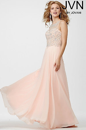 JVN27809 Sheer Neckline Evening Gown with illusion Keyhole Back and long flowy chiffon skirt pageant gown prom dress   size 10 Peach 