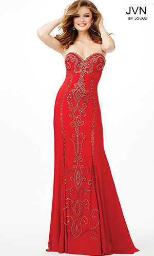 Jovani JVN33745 - 33745 Beautiful beaded jersey prom dress features sweetheart strapless neckline Make a hot impression with the siren call of the Jovani JVN33745 bold prom dress with open back. This succulent jersey sheath gown molds sensually to the figure, flowing effortlessly from the strapless sweetheart neckline to the full-length hemline. 