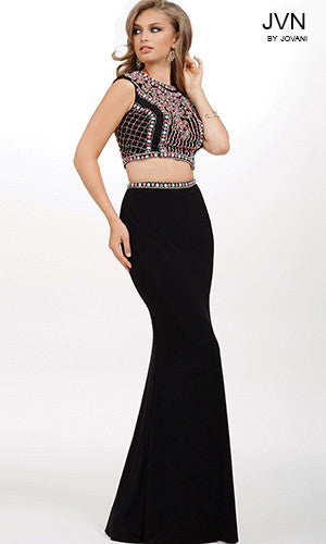 JVN by Jovani style JVN34015 Sexy two piece prom dress features sleeveless multicolored coral and mint beaded top with cutout back and a fitted jersey skirt. Two Piece Beaded Prom Dress High Neck Formal Gown JVN 34015  Available Size: 0  Available Color: White