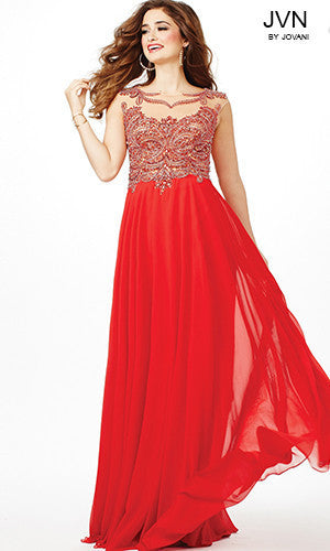 ﻿JVN by Jovani JVN36770  Be the lady in red in this stunning JVN by Jovani slim fit a-line prom gown. This sleeveless full length dress features a sheer jewel neckline and nude fitted bodice adorned with hand stitched rectangular and round beading and flat back red crystals. The natural waistline is met with a flowing fully lined chiffon skirt with a satin blend lining and is fastened with a concealed back zipper  Available Size: 14  Available Color: Red