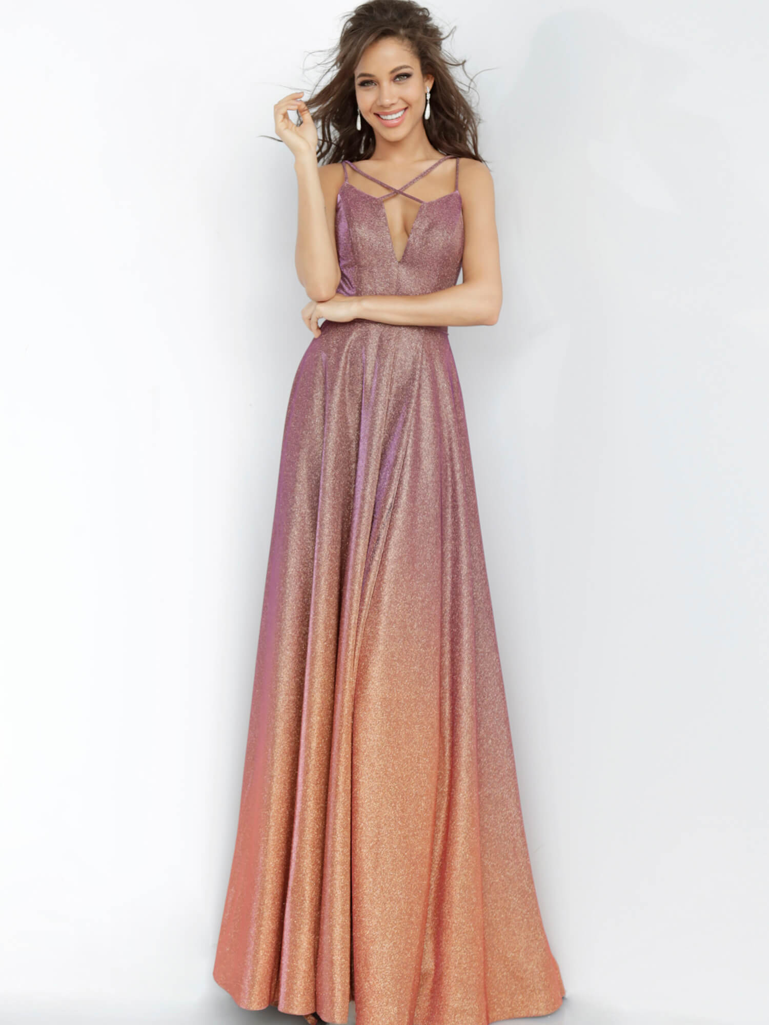 JVN4327 Purple Gold Glitter prom dress, floor length maxi wrap skirt, sleeveless bodice, plunging neckline with spaghetti straps criss cross, spaghetti straps over shoulders, open back.