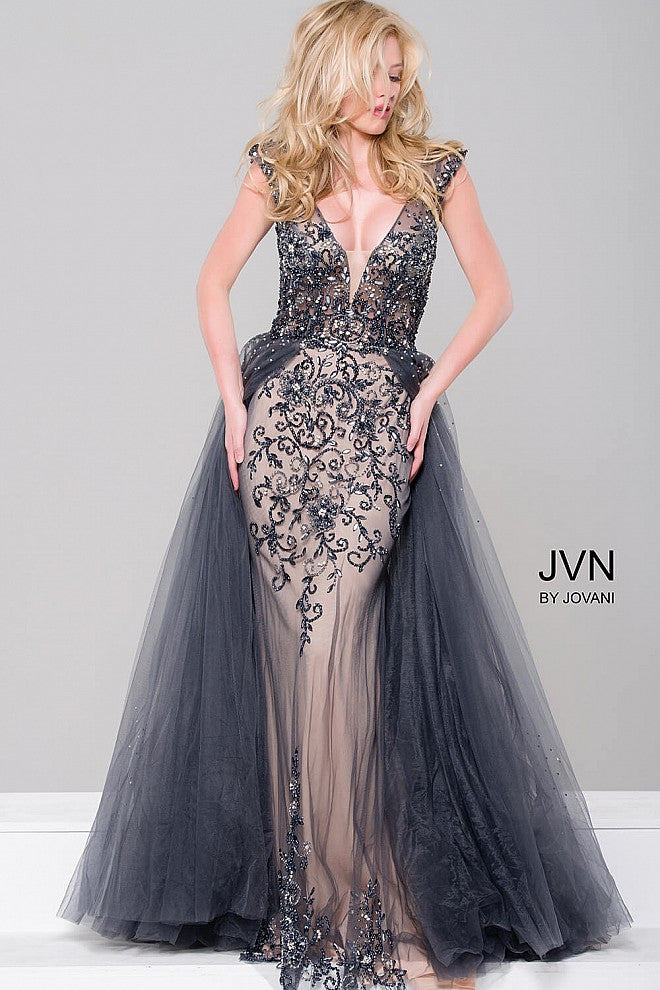 JVN46081 Plunging neckline, dainty cap sleeves and a fitted silhouette is sure to get attention. The tulle overlay adds a dramatic effect and highlights subtle bead embellishments for sparkle. 