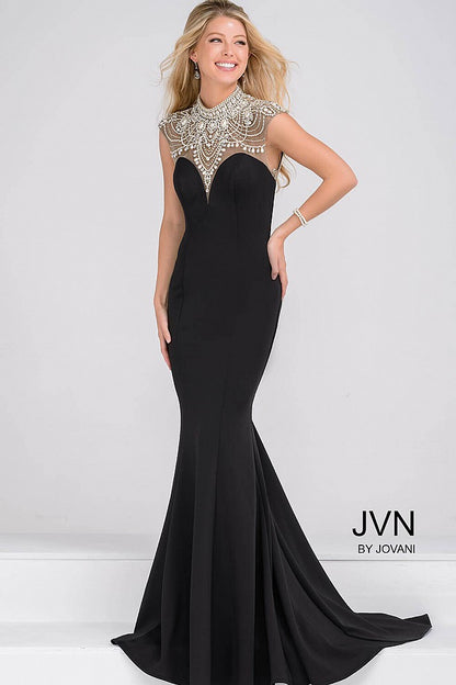 JVN47786 This is a black stretch jersey mermaid evening gown that features a scalloped jeweled sheer neckline and open back. Prom Dress 