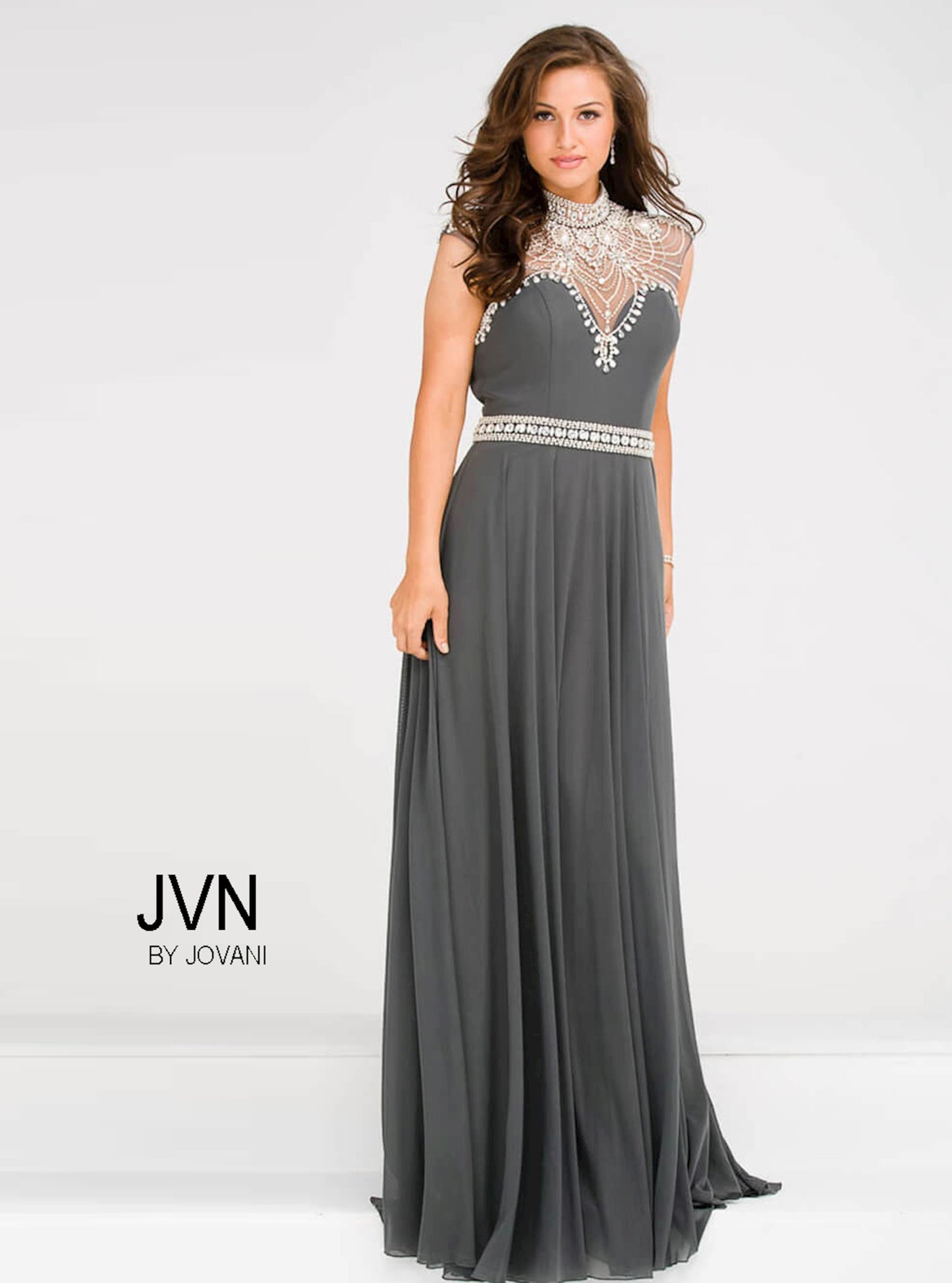 Jovani JVN 48641 size 4 Gunmetal Long A Line Formal Dress Embellished Gown High Neck