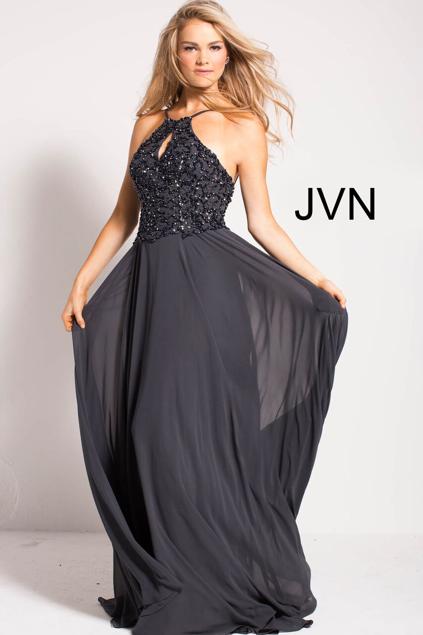 Jovani JVN50069 Size 4 charcoal formal dress evening gown beaded a line chiffon