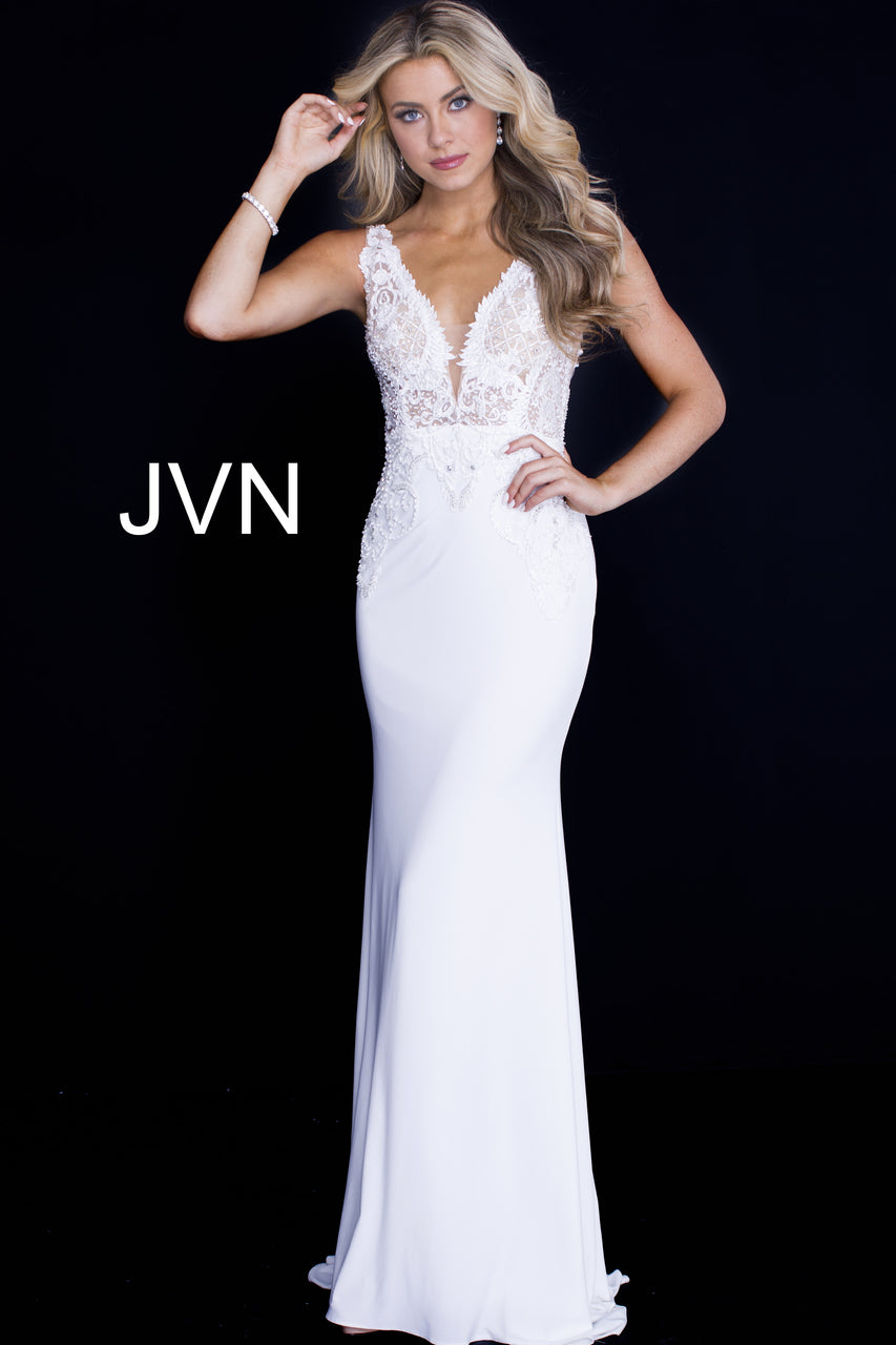 Jovani JVN 50950 Long Sheer Beaded Size 4 Navy Formal Evening Dress Lace