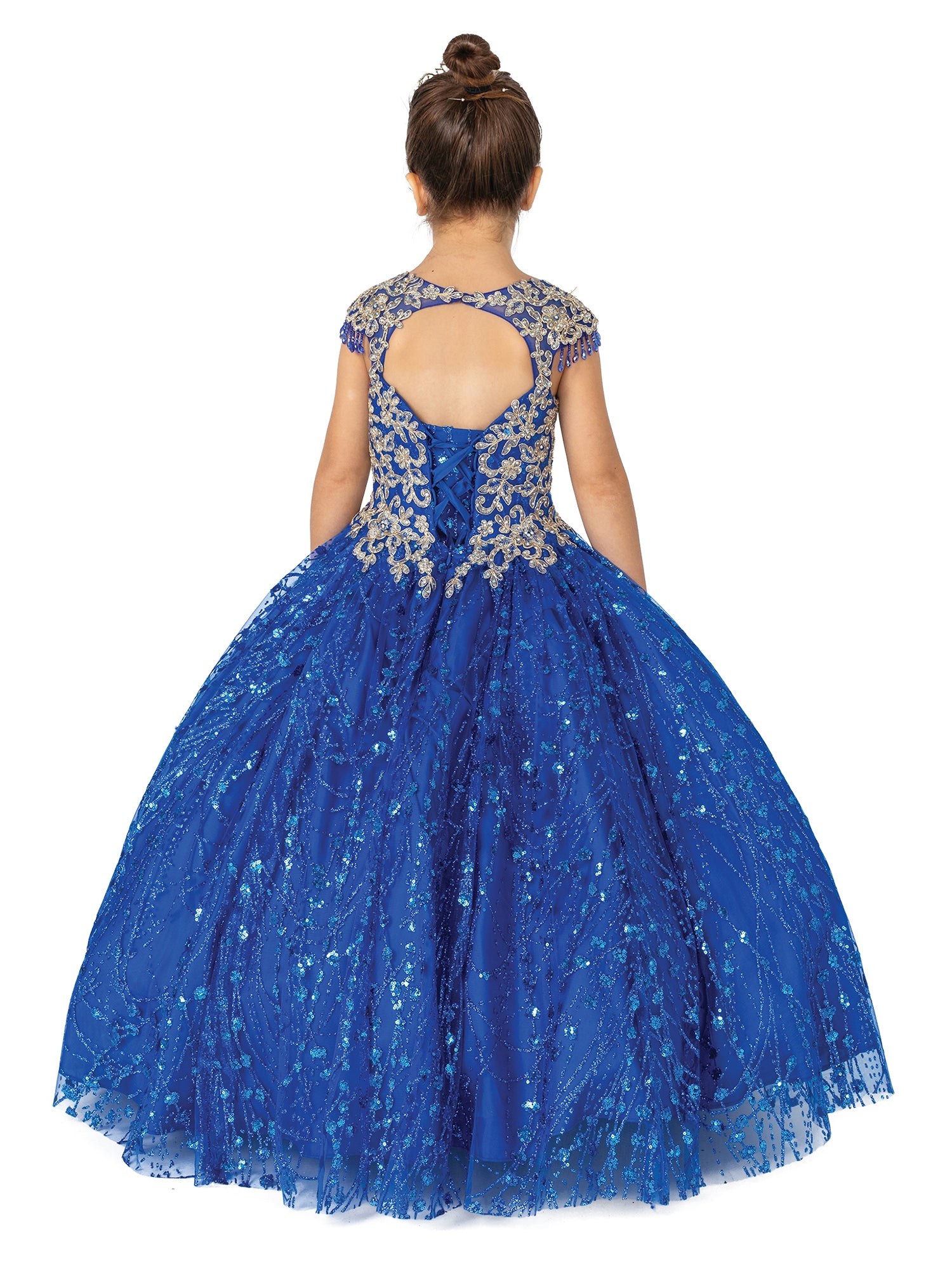 DQ K713 Size 4, 6 Royal Girls Ballgown Formal Dress Fringe Cap Sleeve Pageant Gown  Fabric: Glitter Embellishments Neckline: Sweetheart Sleeve: Sleeveless, Cap Sleeves Skirt: Ballgown, A-line, Sweep Train Back: Corset, Open Colors: Royal Blue Sizes: 4, 6 Available Sizes: 4, 6  Available Colors: Royal Blue