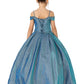 Dancing Queen K743 Off the shoulder girls long pageant dress or party dress iridescent shimmer A line Gown.  Color: Blue  Size: 6