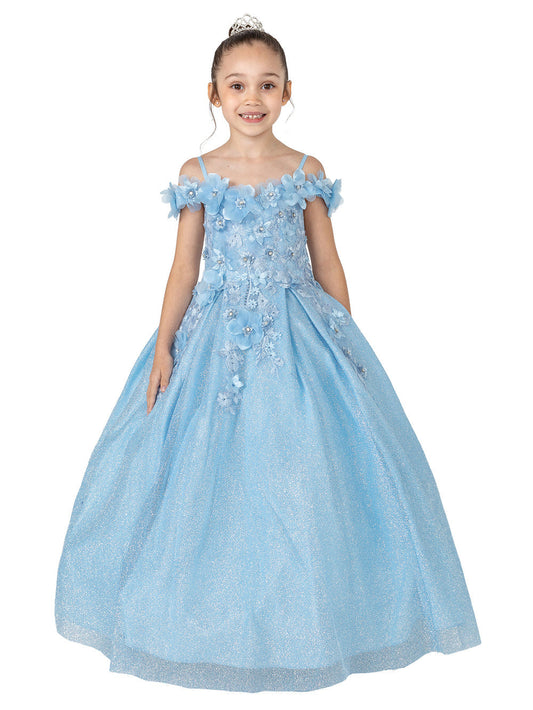 DQ K758 Size 2, 4 Girls Off the Shoulder Glitter Pageant Dress Flower Bodice Corset  Available Sizes: 2, 4  Available Colors: Lilac, Red, Bahama Blue