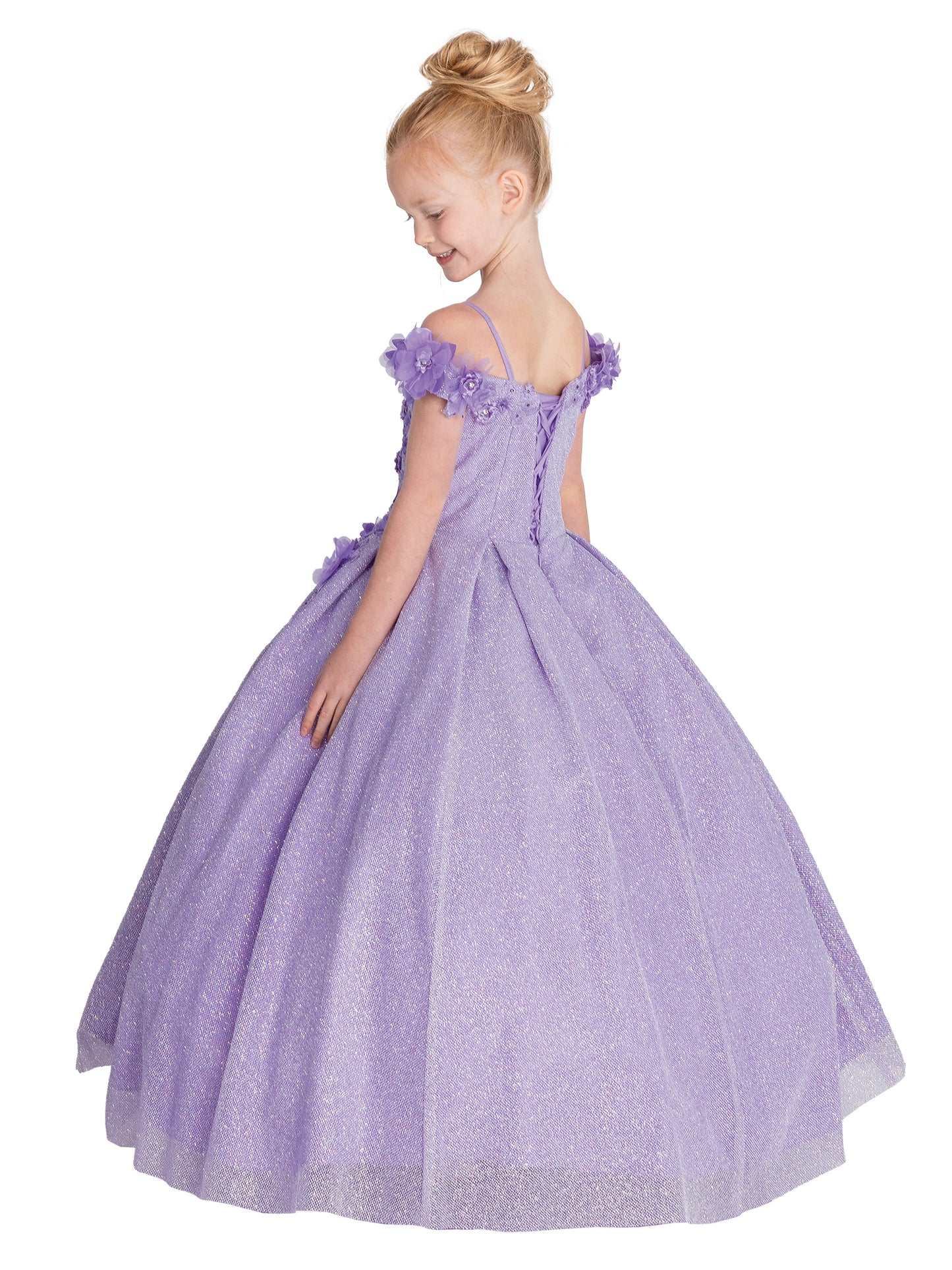 DQ K758 Size 2 Lilac Girls Off the Shoulder Glitter Pageant Dress 3D Flower Corset