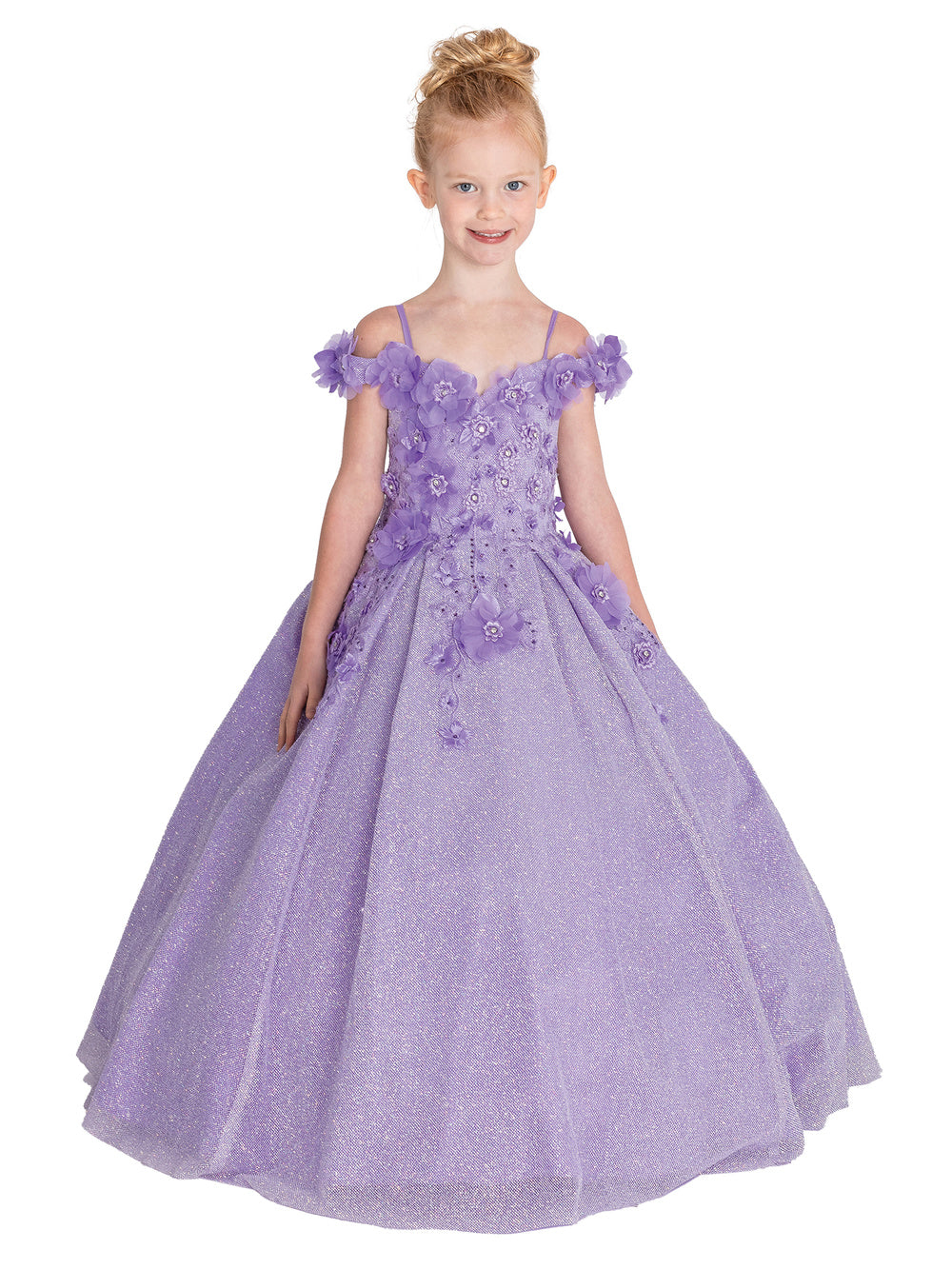 DQ K758 Size 2 Lilac Girls Off the Shoulder Glitter Pageant Dress 3D Flower Corset