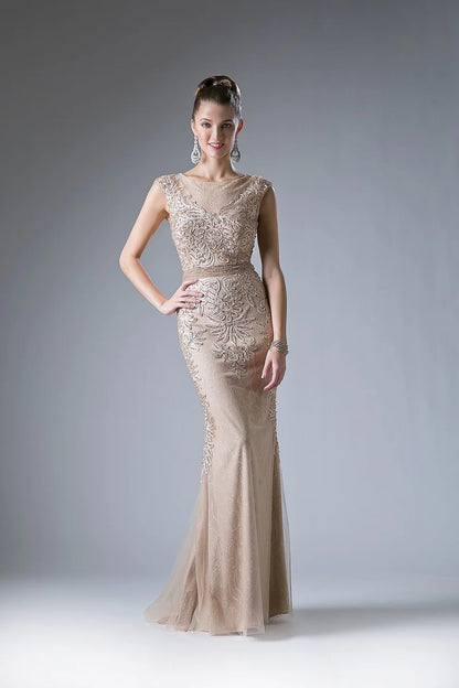 Ladivine KC1736 Size 4 Long Fitted High Neck Beaded Lace Formal Dress High neck Evening Gown