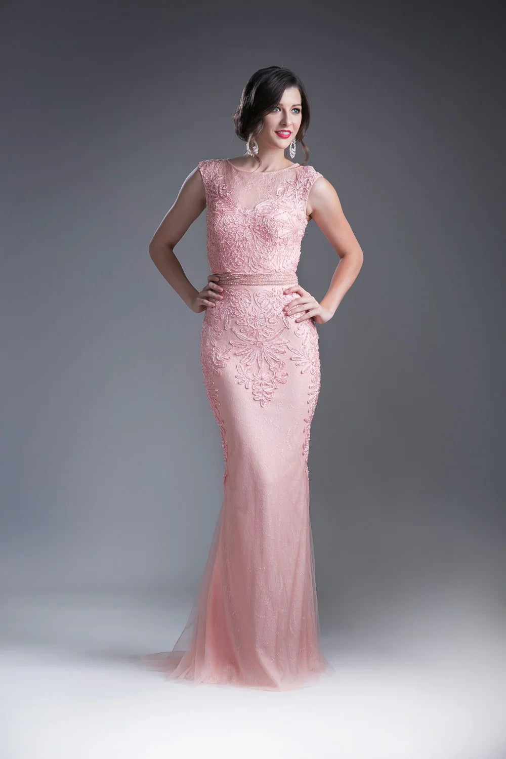 Ladivine KC1736 Size 4 Long Fitted High Neck Beaded Lace Formal Dress High neck Evening Gown