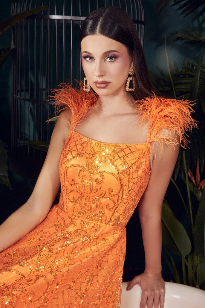 Ladivine KV1076 Size 2 Orange Sequin Feather Prom Dress