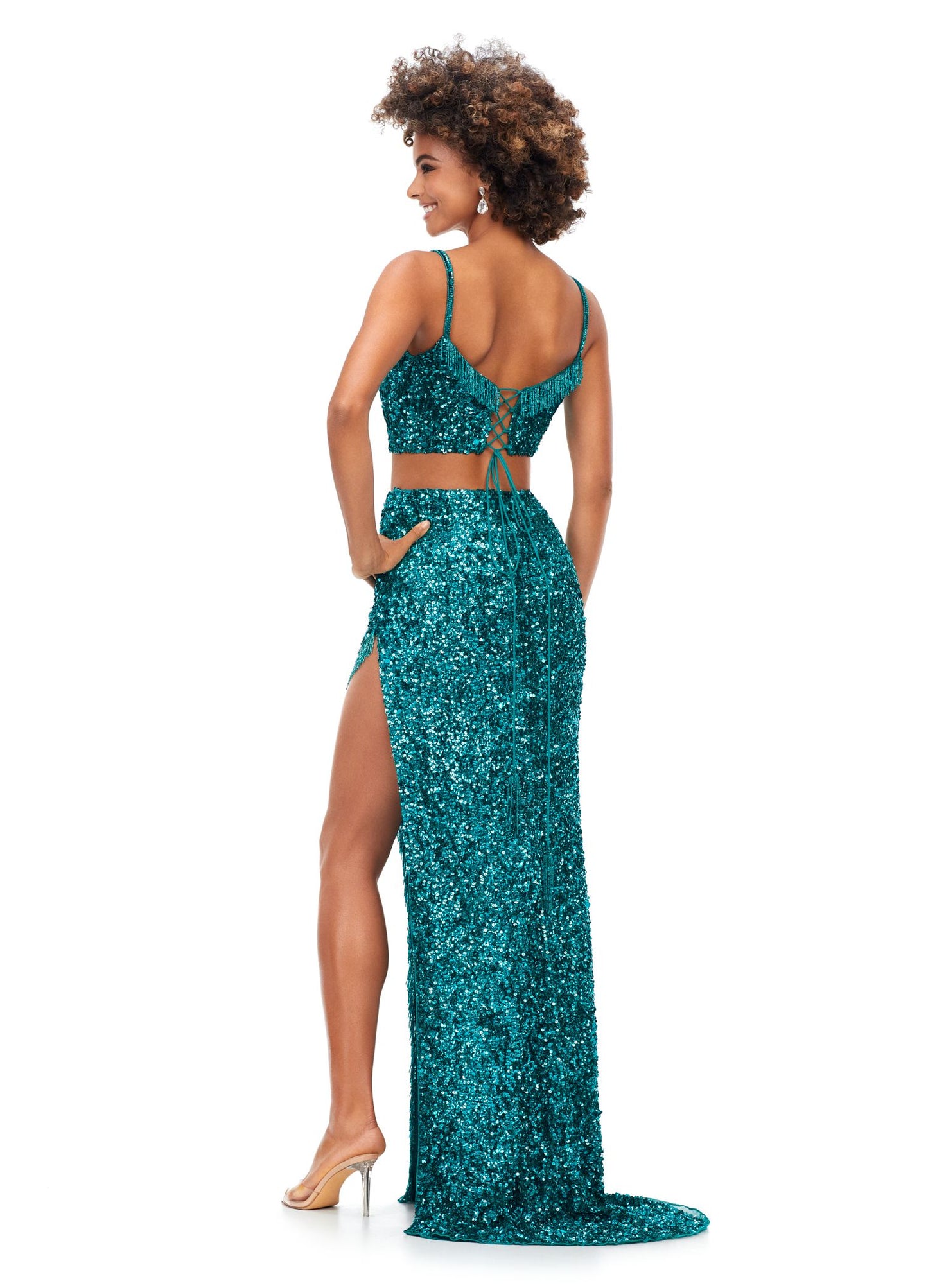 Ashley Lauren 11370 Sequin Two Piece Prom Dress with Fringe