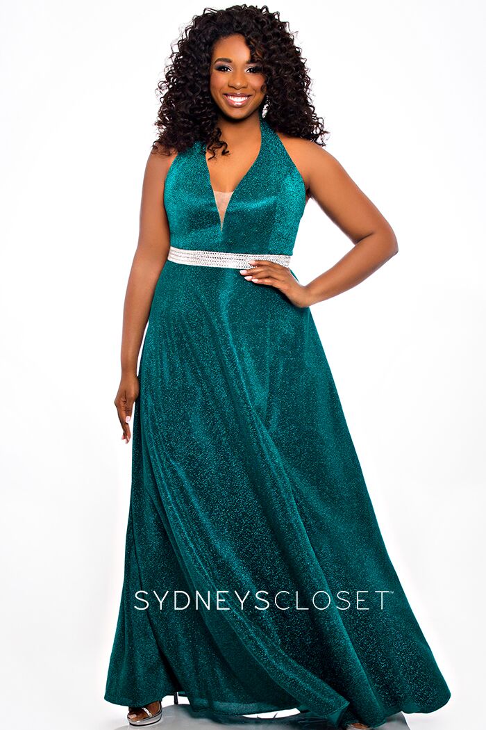 Sydneys Closet SC7289 Plunging V neckline with mesh panel embellished belt long a line shimmer prom dress plus sized formal evening gown
