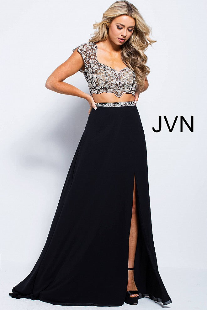 Jovani JVN48486 Size 4 Black two piece embellished cap sleeve flowy prom dress