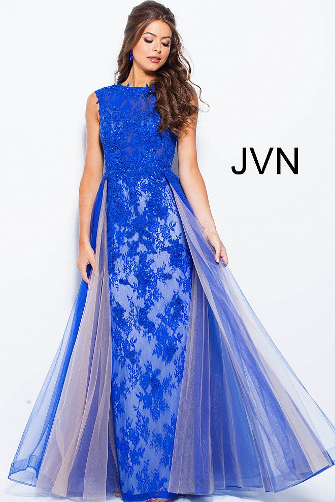 JVN by Jovani 58023 Cap sleeve embellished tulle with lace underlay prom dress tulle over skirt
