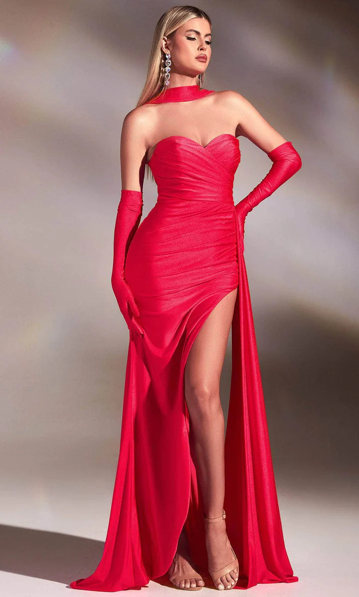 Ladivine CD886 Long Fitted Satin Halter Prom Dress Maxi Slit Formal Gown Gloves Side Overskirt Need a dress that will make you look and feel like a Hollywood star? Look no further than this stunning strapless with gloves! The luxe feel of the satin fabric is comfortable to wear and its sleek fit will have you looking your best for any formal event.