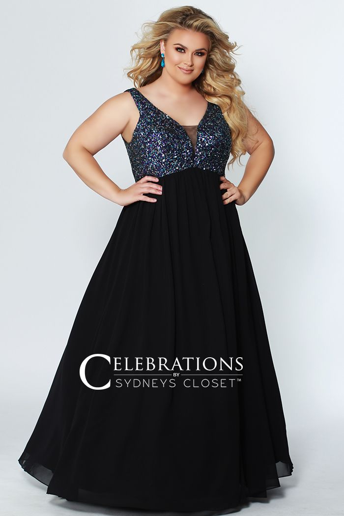 Sydney's Closet CE1813 - This graceful evening dress may just get you swept off your feet. This floor length creation is designed with a V-neckline and has an illusion mesh insert. This prom dress is heavily beaded and sequined on front and back. The dress is fully lined with an A-line chiffon skirt.