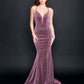 Nina Canacci 9136  This is a long fitted mermaid prom dress with a plunging v neckline.  Thin spaghetti straps lace up and tie in the back.  The skirt has horsehair trim. Pageant Gown
