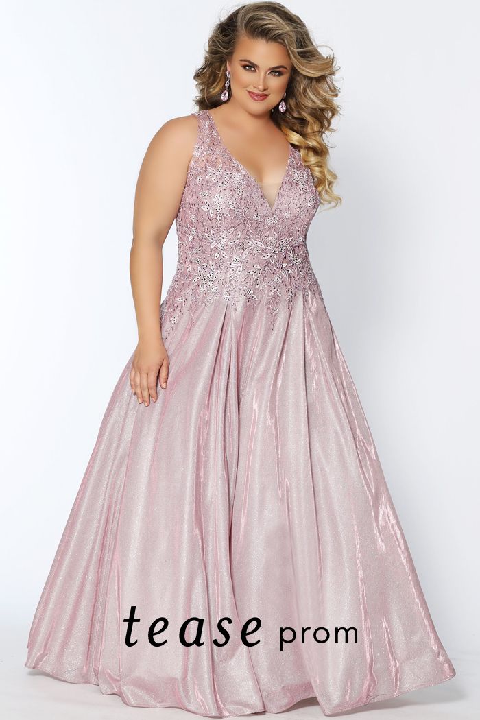 Tease Prom TE2027 size 20 Dusty Rose embellished v neckline a line shimmer plus sized prom dress.