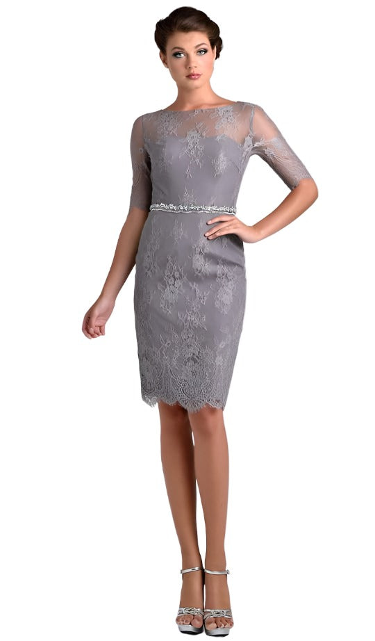 Nina Canacci M214 is a short fitted formal evening cocktail dress. featuring a sheer eyelash lace high neckline and lone 3/4 sleeves. Fitted solid lace knee length gown has eyelash lace hem. Perfect for wedding guest, Mother of the Bride/Groom, Formal &amp; Semi formal events! Matching solid 3/4 cuff sleeve bolero jacket.&nbsp;