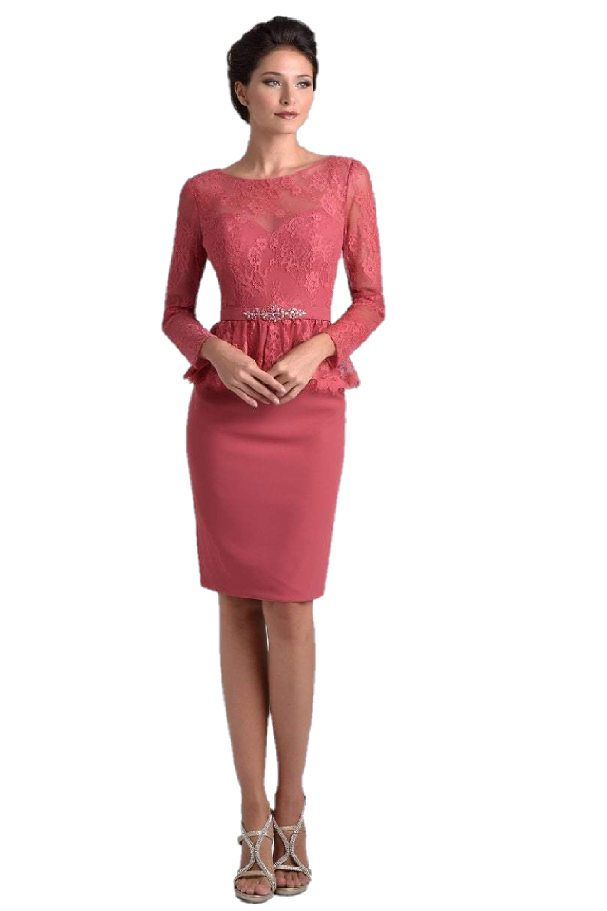 Nina Canacci M221 is a stunning short pencil skirt knee length cocktail dress. featuring a sheer lace illusion high boat neckline with 3/4 long lace sleeves. three-quarter sleeves, paired with a keyhole back accented with a peplum beaded waist. Eyelash lace hem ruffle around the waist to flatter any figure! Available Sizes: 6, 8, 10  Available Colors: Dark Rose
