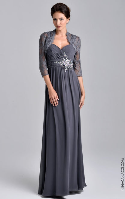 Nina Canacci M224 This long gown features a V-neckline and tank top straps extending along the mid-open back. Ruched sweetheart lining forms the bust and a wide band belted the waist with lovely beads situated on the side accents the entire dress. Floor-length hemline finishes the comfortable skirt. Matching sheer eyelash lace bolero jacket. Available Sizes: 6, 8  Available Colors: Teal, Grey