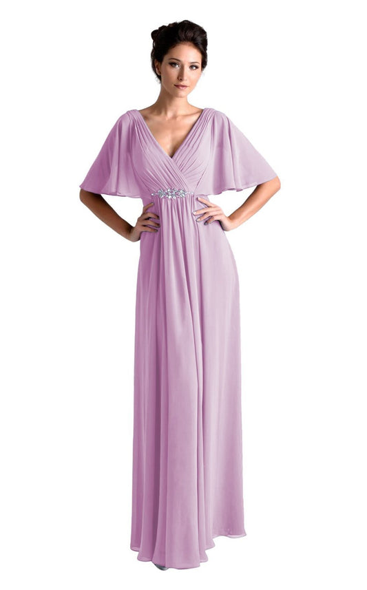 Nina Canacci M239 is a long draped chiffon long formal dress. Specialized for wedding guests & Mother of the Bride/Groom. This Mauve Ruched gown features draped chiffon sleeves for coverage & a flattering fitted waist with crystal embellishments.  Available Size: 10  Available Color: Mauve