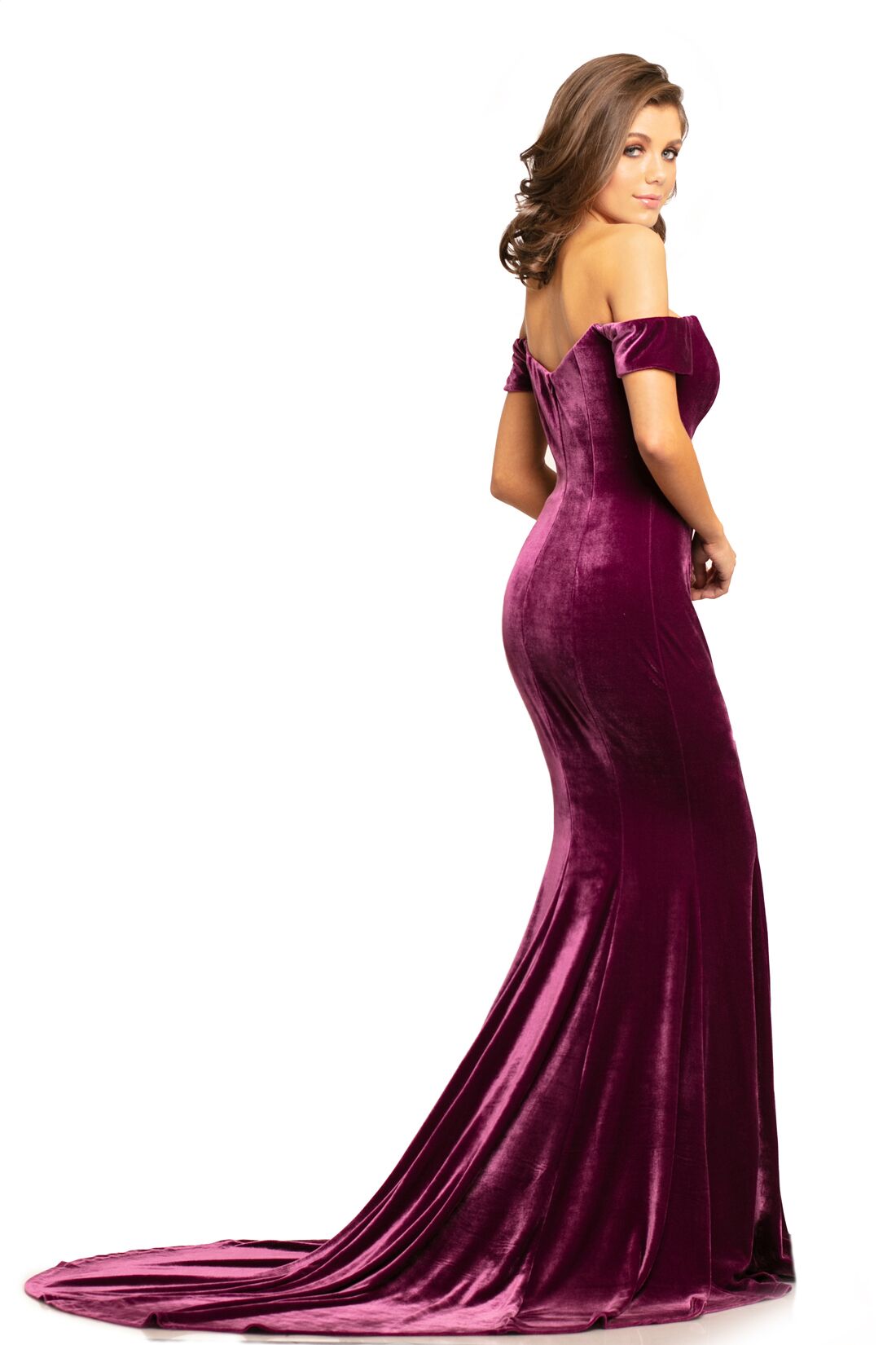 Johnathan Kayne 9227 off the shoulder stretch velvet mermaid prom dress evening gown with long train