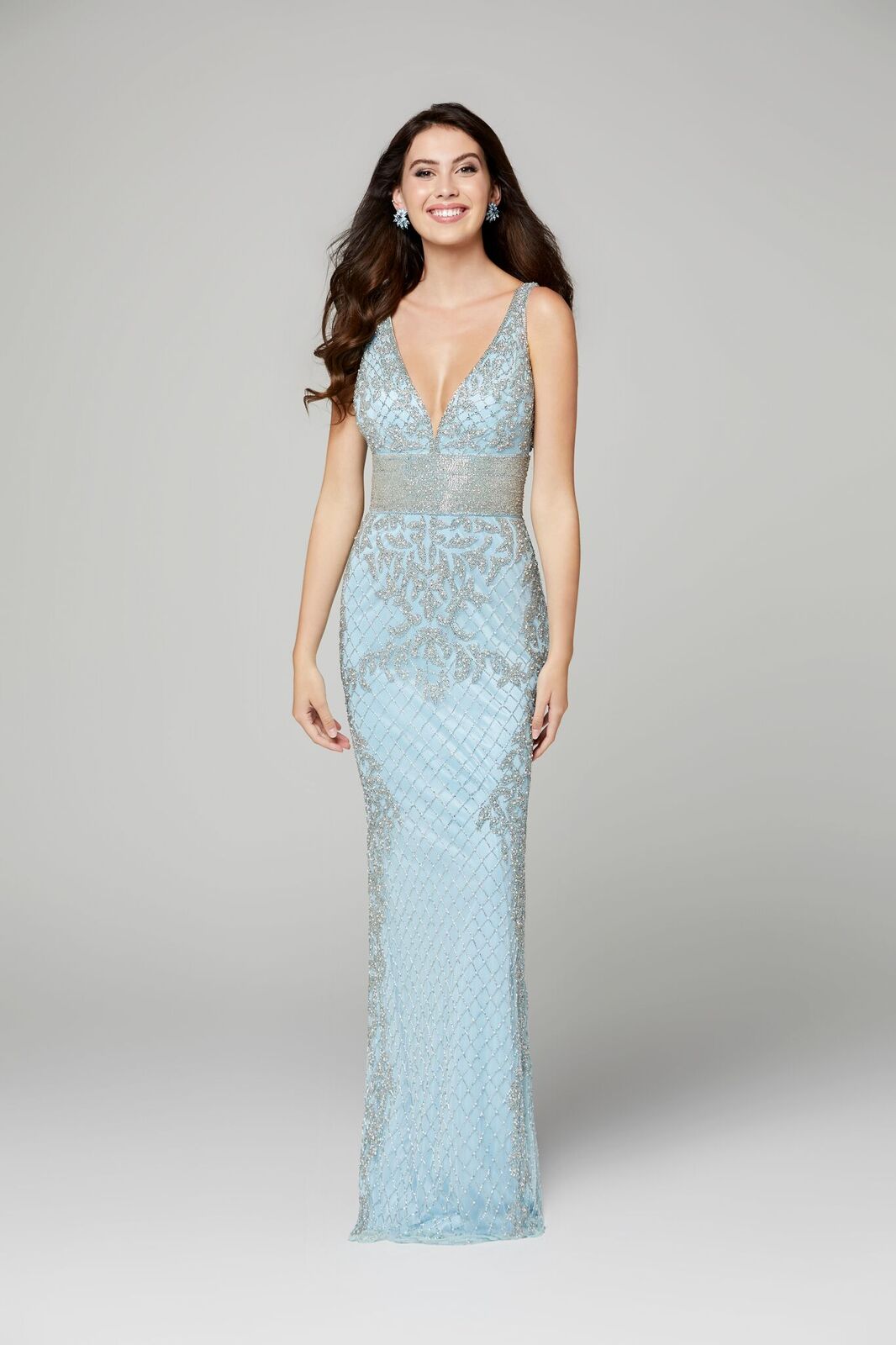 Primavera Couture 3425 is a Powder Blue beaded Prom Dress, Pageant Gown, Wedding Dress & Formal Evening Wear gown. This is a fully beaded prom dress with a v neckline and horizontal beaded high waistline.    Powder Blue  size 6