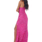 Ashley Lauren 1977 Fitted hand beaded prom dress featuring one sleeve and a left leg high slit. The long skirt on this evening gown is finished with horsehair trim for fullness. Makes an excellent pageant gown.   Available colors:  Raspberry, Silver/Pewter, Royal   Available sizes:  00, 0, 2, 4, 6, 8, 10, 12, 14, 16   One Shoulder Sleeve Slit Fitted Fully Hand Beaded Long Sleeve