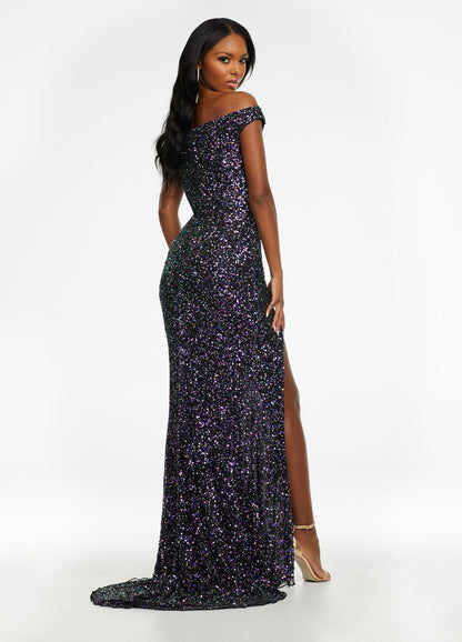 Ashley Lauren 11067 Size 22 Multi/Black Prom Dress Off the Shoulder Sequin Slit Gown